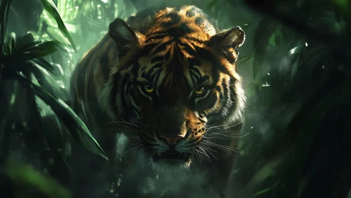 Predatory tiger emerging from misty jungle shadows at dusk.