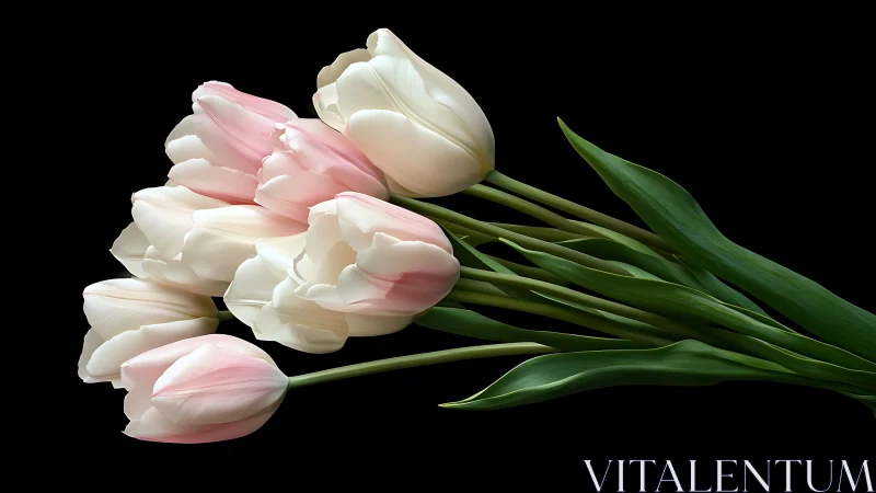 Five Parrot Tulips with Pale Pink and Cream Coloration Against Black Background