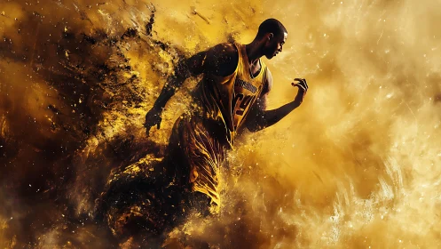 Golden energy swirls around a determined basketball player