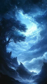 Luminous moonlit canyon under swirling blue night sky.