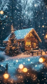 Snowlit cabin hums with golden holiday warmth in silence
