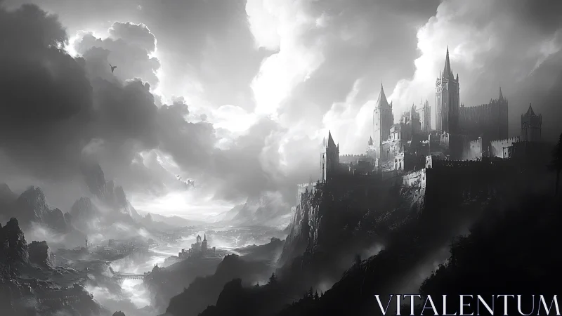 Stormlit gothic fortress dominates misty mountain valley