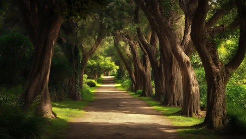 Tree lined dirt path through dense green woodland corridor.