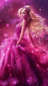 Fashion doll in sequined pink gown on glowing backdrop.