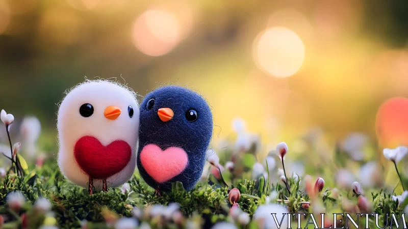 Two Adorable Felt Birds Sharing Love in Blooming Garden Scene