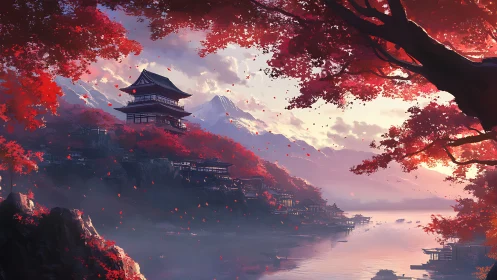 Crimson lakeside temple at sunrise in a tranquil valley.