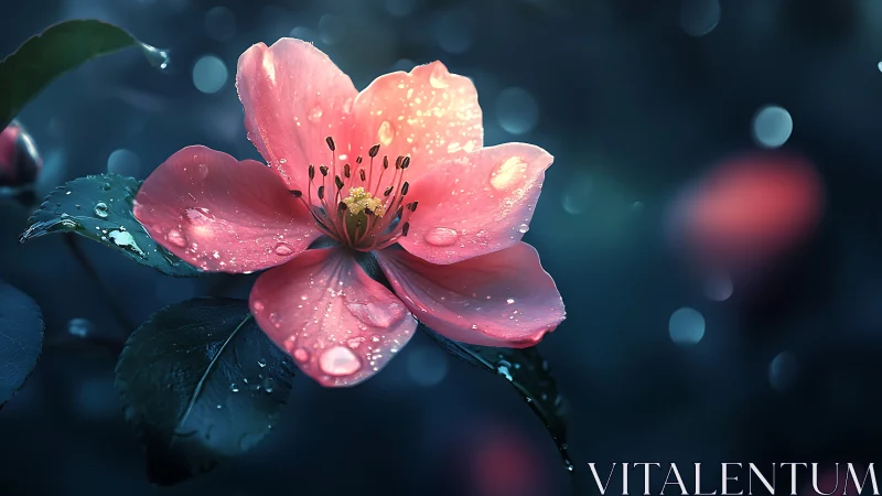 Pink flower blooming with dewdrops under soft bokeh light.