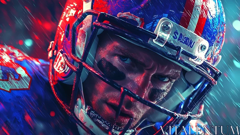 Fierce football player locks in under stormy stadium lights