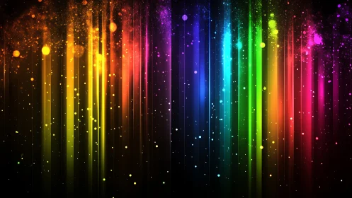 Vertical neon spectrum beams cascade through particulate glow