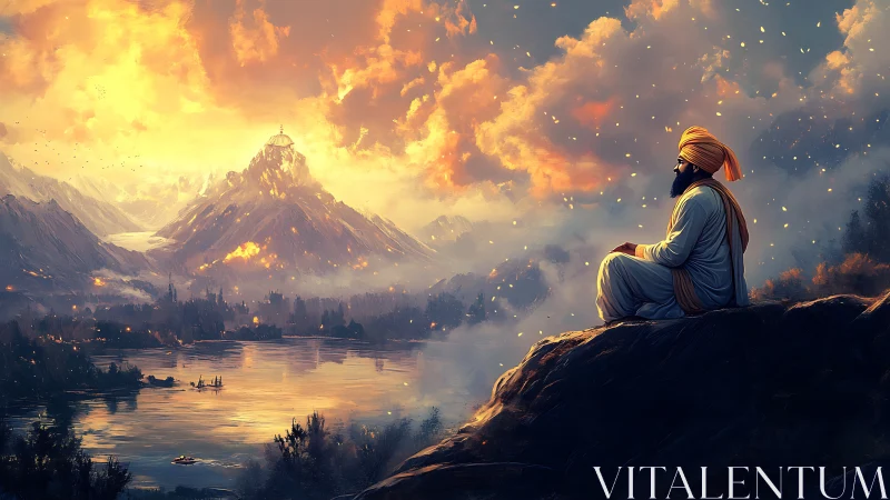 Mountain sage overlooking glowing valley at fiery sunset.