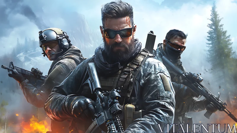 Three armed soldiers stand in tactical gear in a forested combat zone