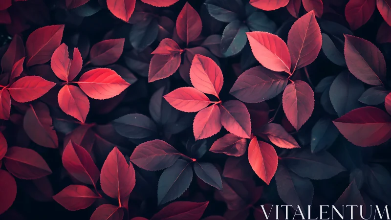 Red foliage close-up with dark background and soft light.