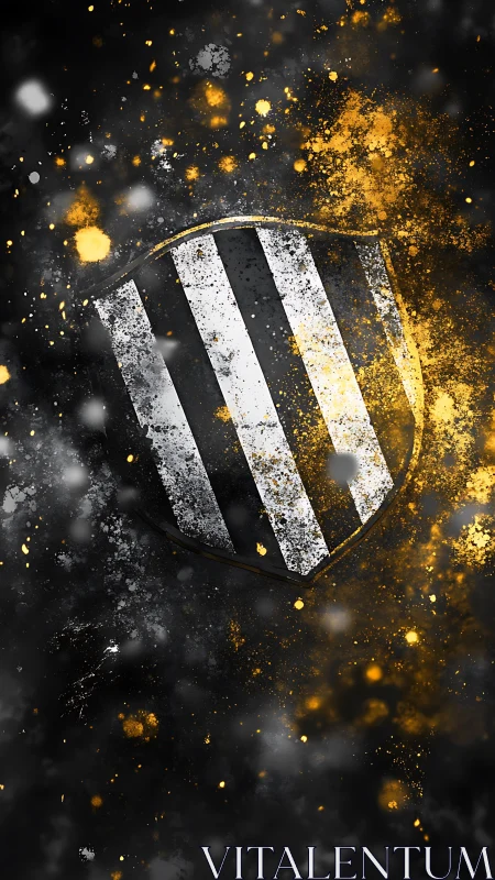 Monochrome striped shield amid black and gold splatter field.