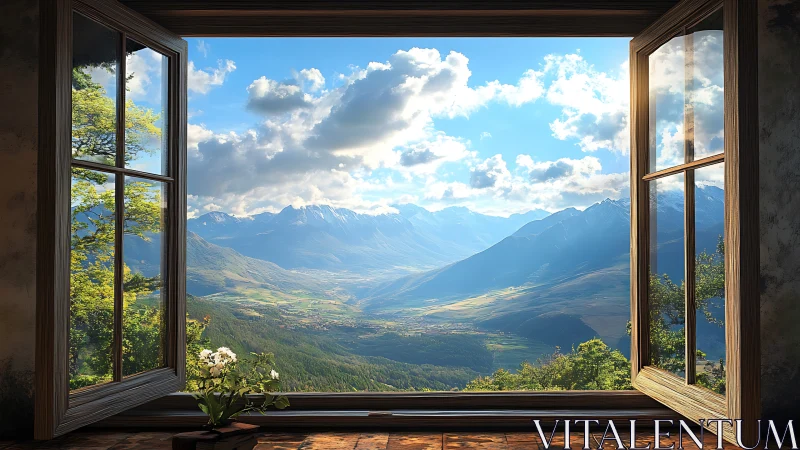 Open wooden window frames sunlit valley and distant mountains