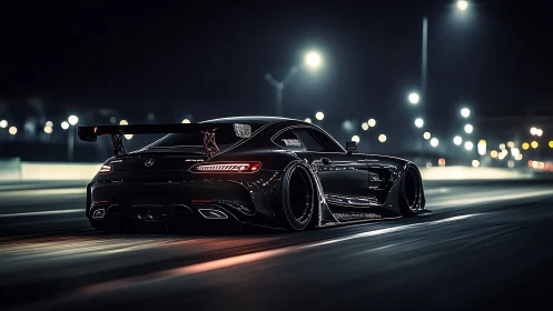 Modified black sports coupe moves along illuminated roadway