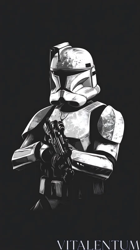 Battle-worn space trooper stands guard in moonlit armor.