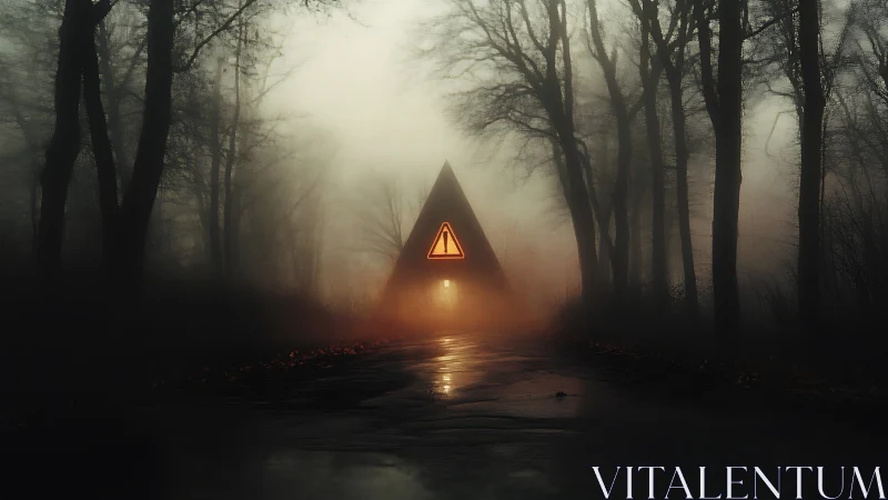 Fog-draped forest road stalks a lone glowing triangle cabin.
