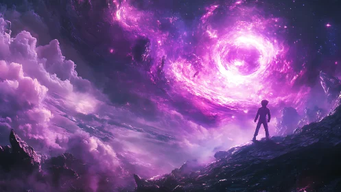 Stargazing wanderer weighs destiny beneath a violet vortex sky