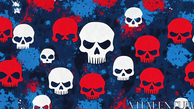 Red and white skull pattern over splattered blue canvas