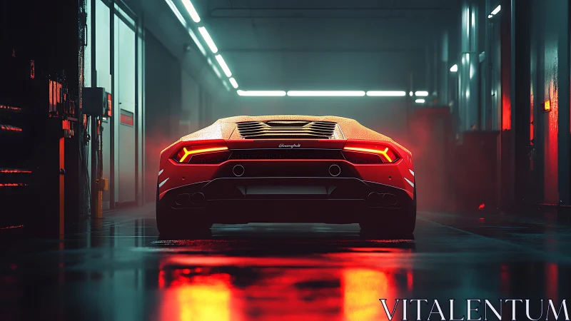 Red supercar rear view in dark neon lit industrial garage.