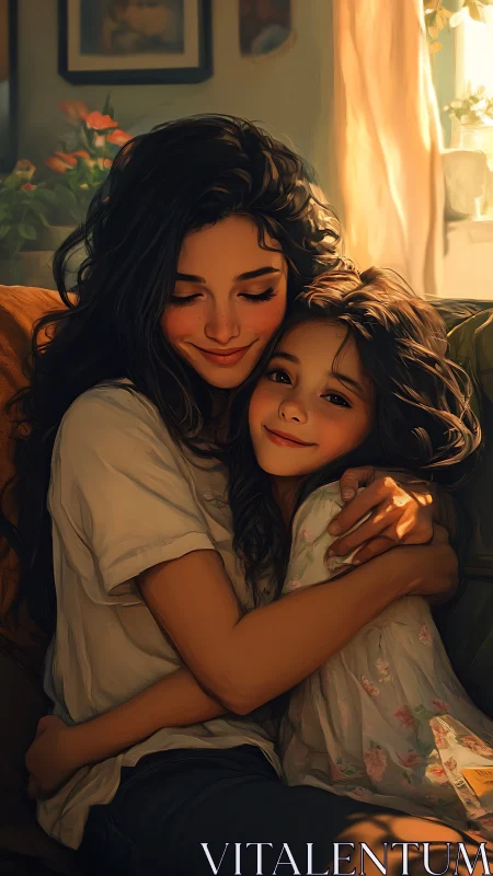 Warm digital painting of mother hugging smiling daughter.