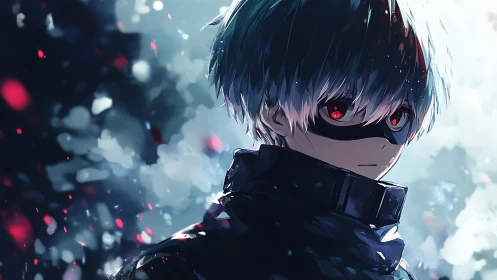 Masked anime figure stands in side profile amid blurred lights