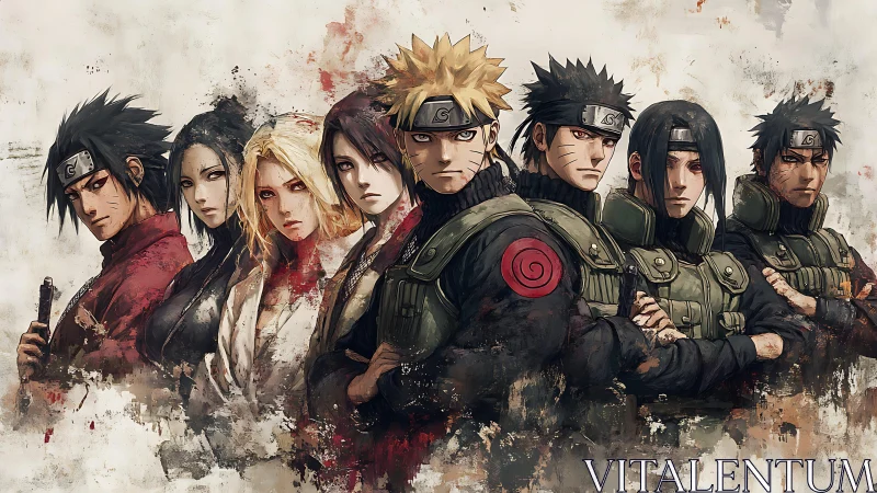 Seven anime warriors stand unified in textured battle portrait.