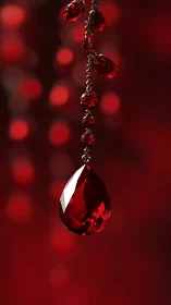 Red faceted teardrop gemstone pendant hangs against blurred red