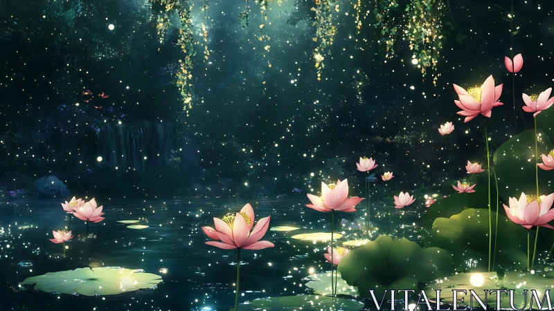 Moonlit lotus lagoon where fireflies script quiet spells.