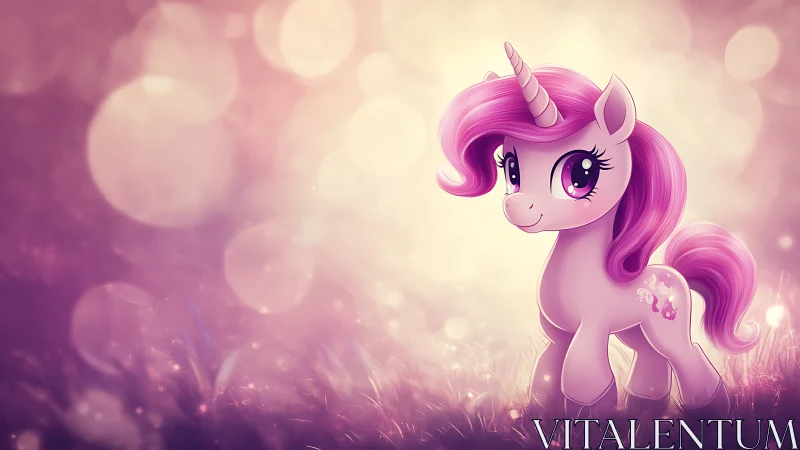 Cartoon unicorn pony with pink mane in soft bokeh field.
