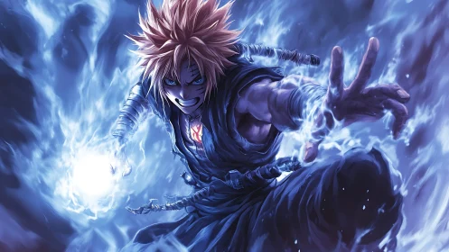 Electric blue anime warrior unleashing energy blast.