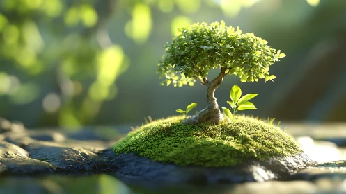Miniature bonsai tree glows over vivid moss island.