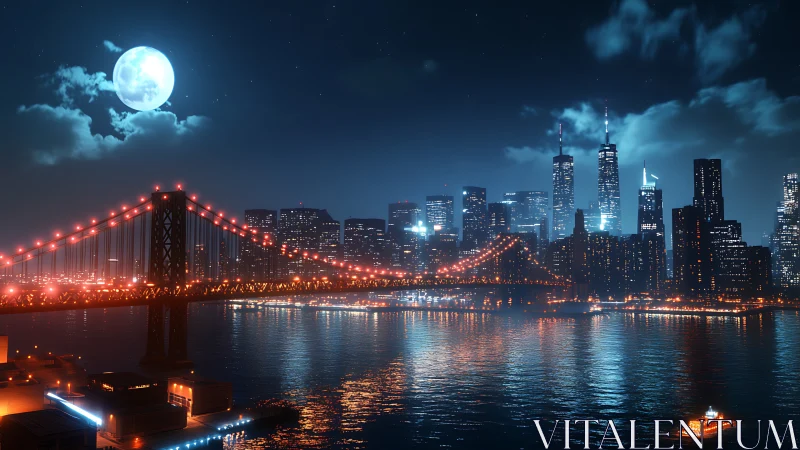 Moonlit bridge and neon skyline waltzing on calm water.