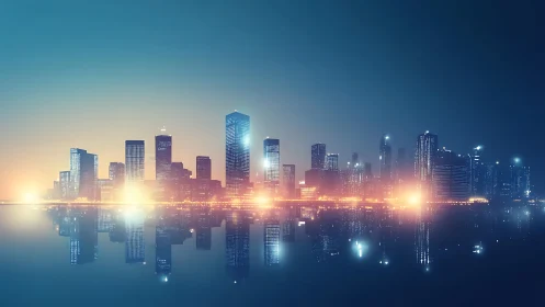 Night city skyline with illuminated towers and reflections.