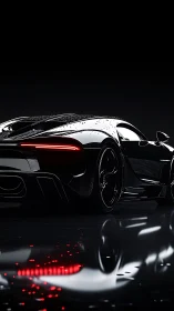 Ultragloss black hypercar rear view with rain-soaked bodywork