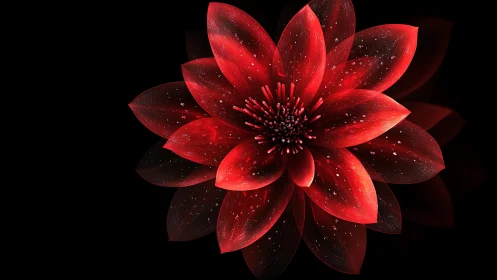 Red digital flower with layered translucent petals on black.