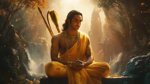 Seated robed figure with bow in misty forest landscape.