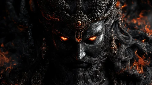 Dark metallic deity face with glowing eyes in close focus