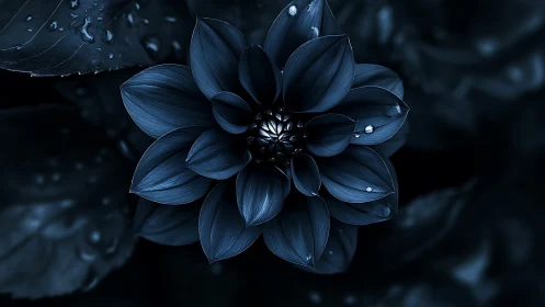 Blue dahlia flower with water droplets against dark background.
