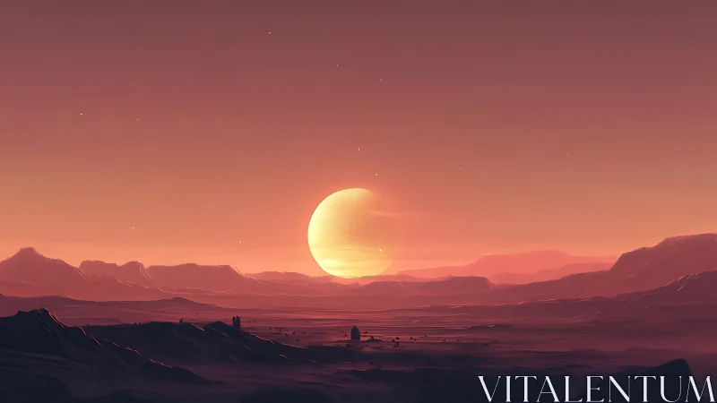 Heliocentric dusk over stratified alien basalt plains.