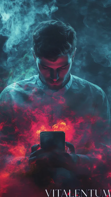 Lost in glowing clouds of fire and smoke around a phone.