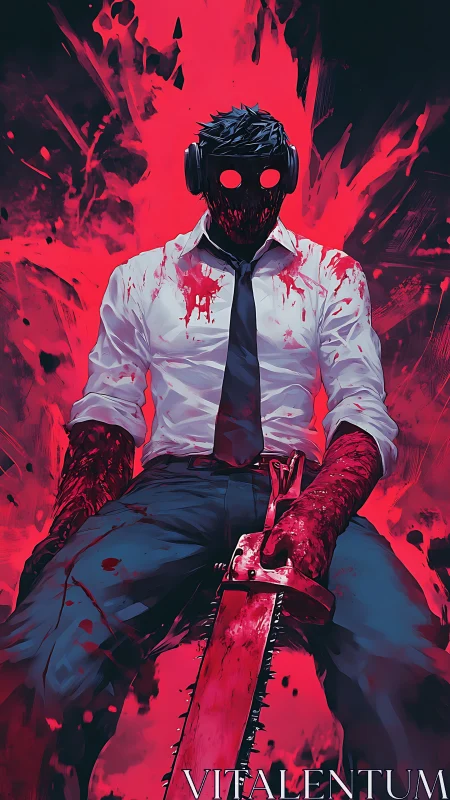 Digital painting of masked chainsaw killer in blood-splash tableau.