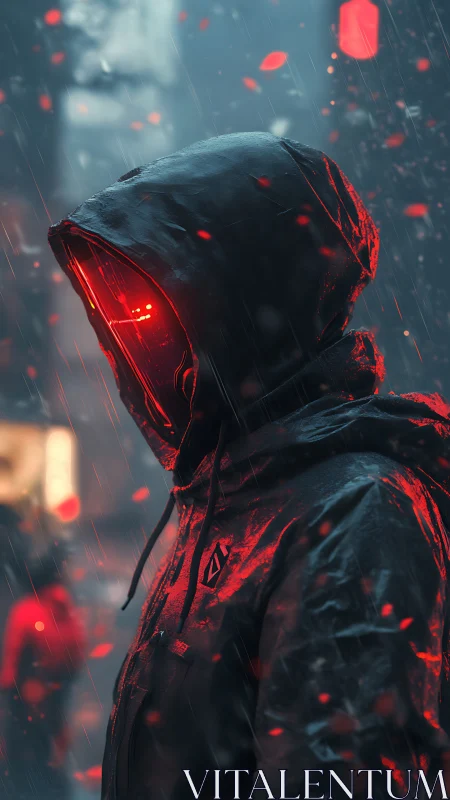 Hooded figure with red-lit visor stands in wet urban rain