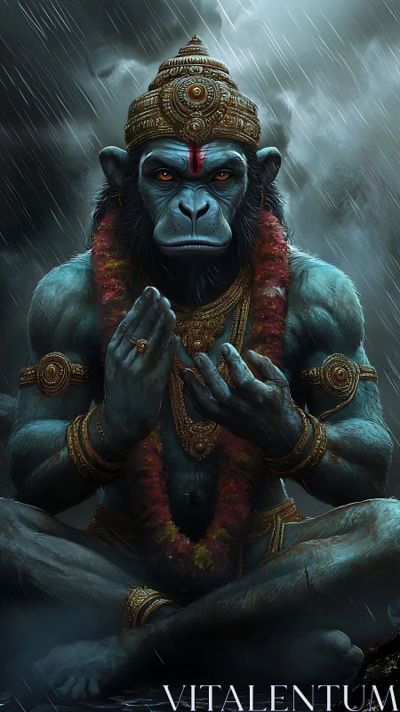 Mythic blue simian deity meditates in the storming rain.