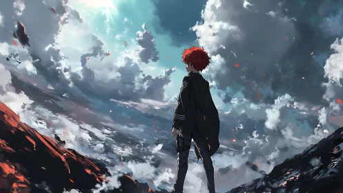 Stormlit wanderer pauses beneath a vast and glowing sky