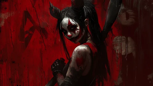 Paint-smeared antihero grips bat against chaotic red backdrop