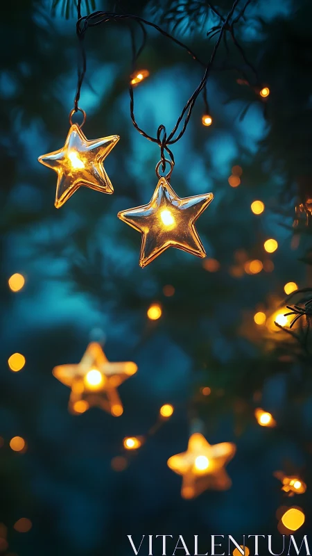 Star-shaped string lights glow softly among blurred branches