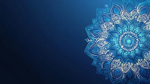 Intricate blue mandala glows over deep gradient background.