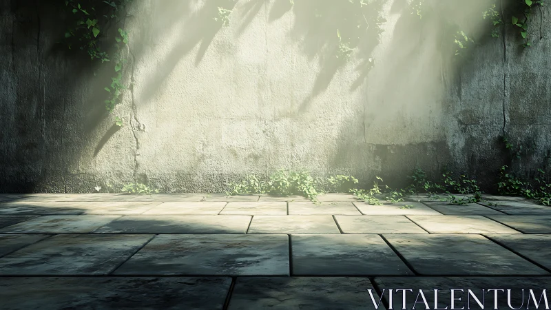 Sunlit concrete wall with tiled floor and sparse foliage.