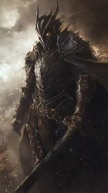 Dark armored warlord in stormlit battlefield panorama.